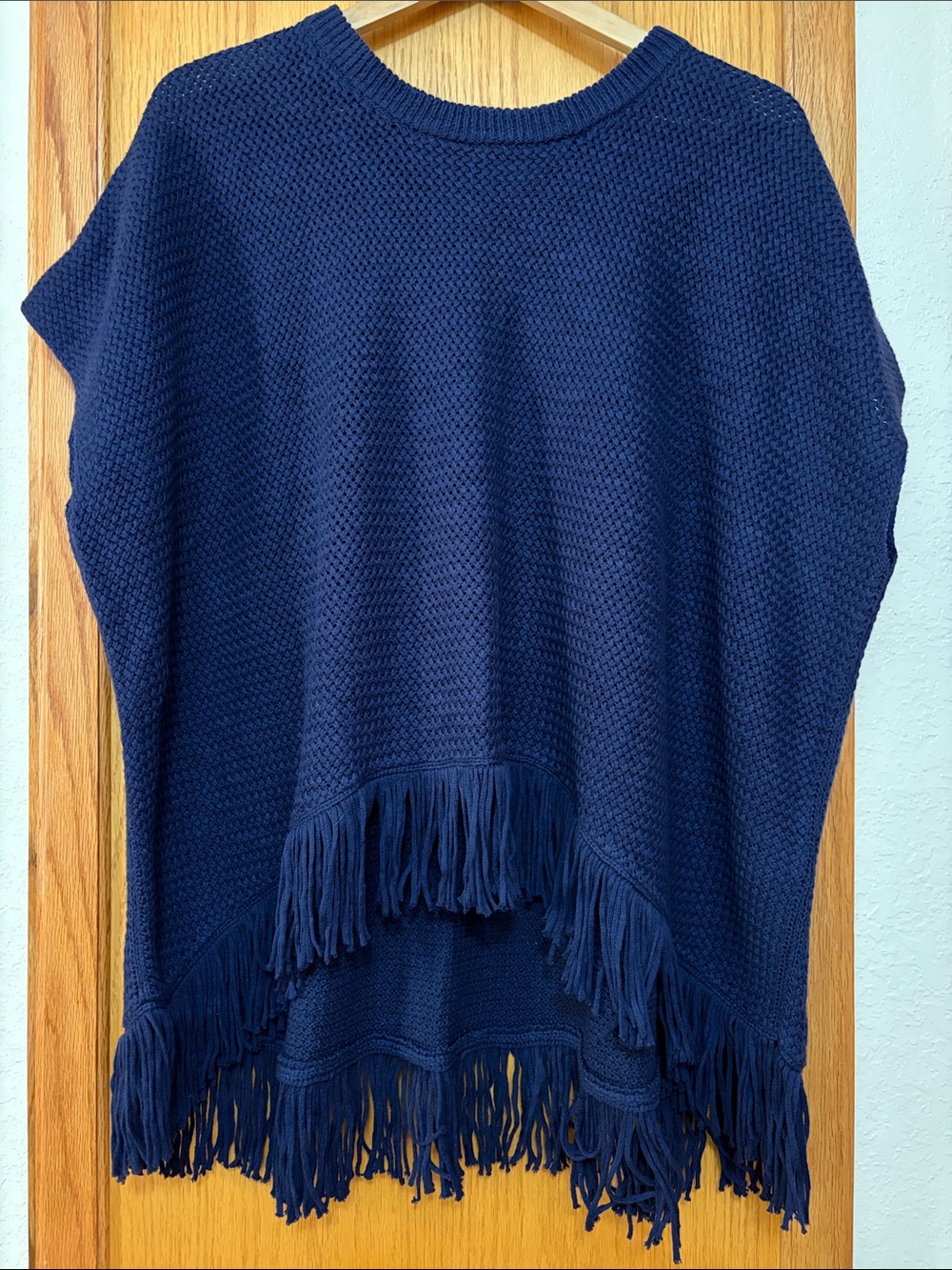 Michael Stars Navy Fringe Knit Poncho Sweater 100% Cotton Open Knit Small